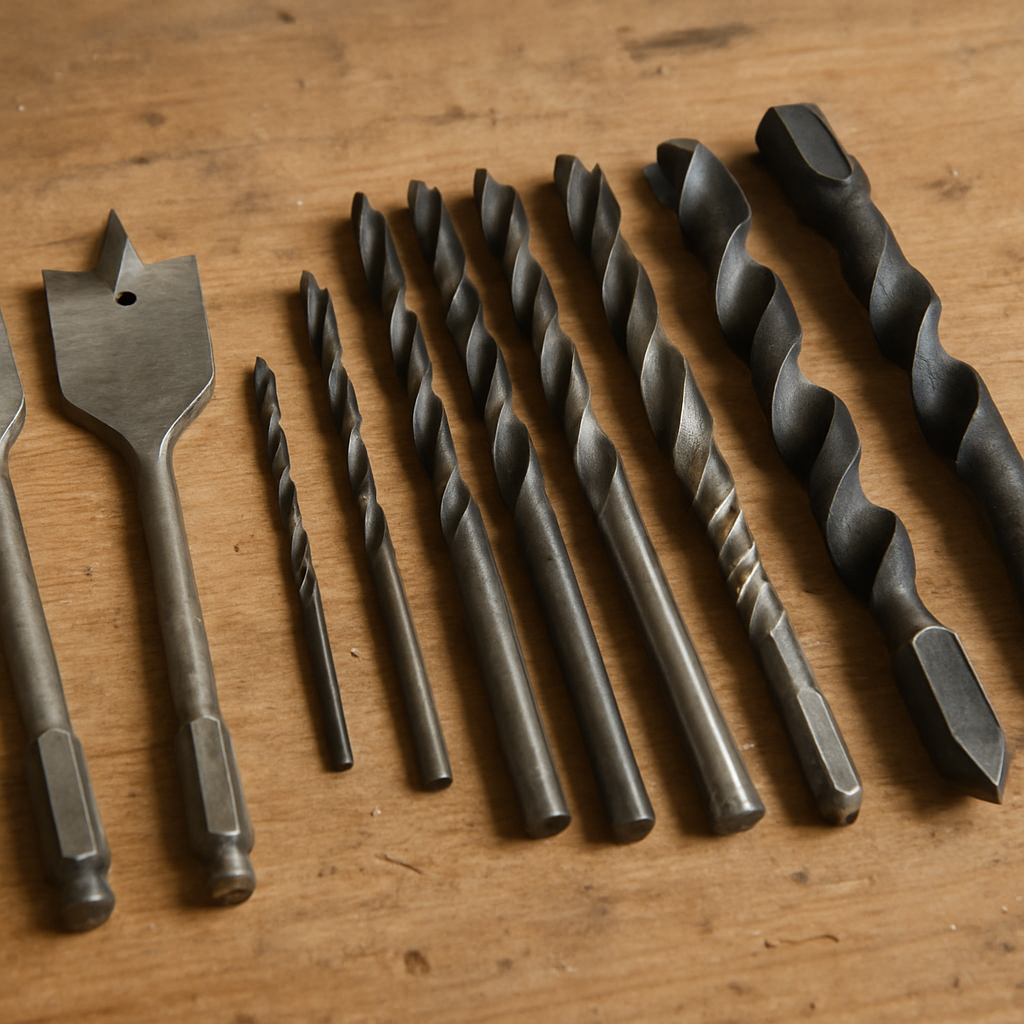 Variety of drill bits on a wooden workbench