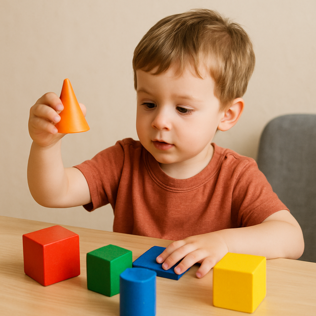 Child playing with geometric solids