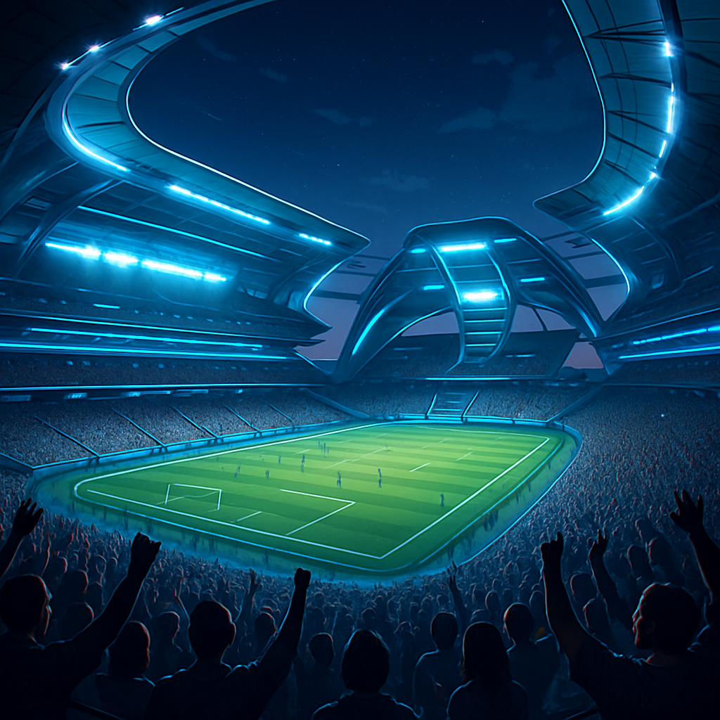 A futuristic football stadium filled with cheering fans