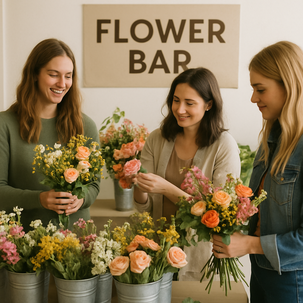 Guests creating bouquets at a flower bar
