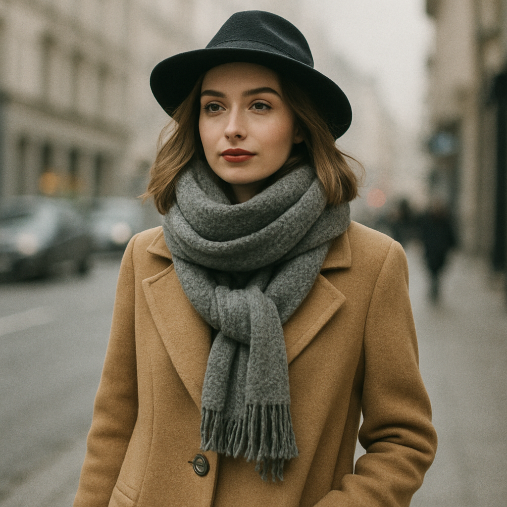 A stylish woman in a winter outfit with a wool coat and scarf