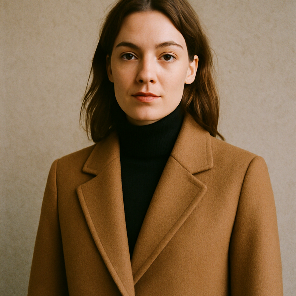 A woman wearing a classic wool coat and turtleneck
