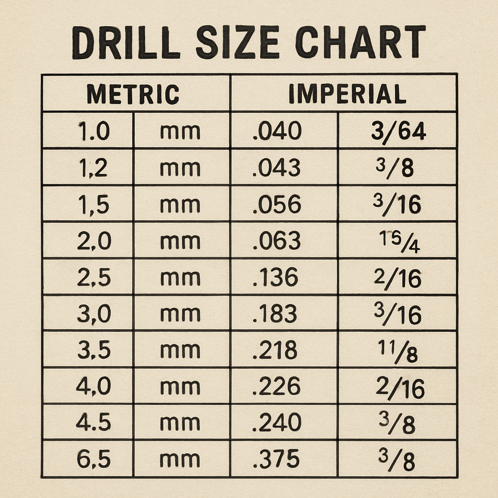 Drill size chart with metric and imperial measurements