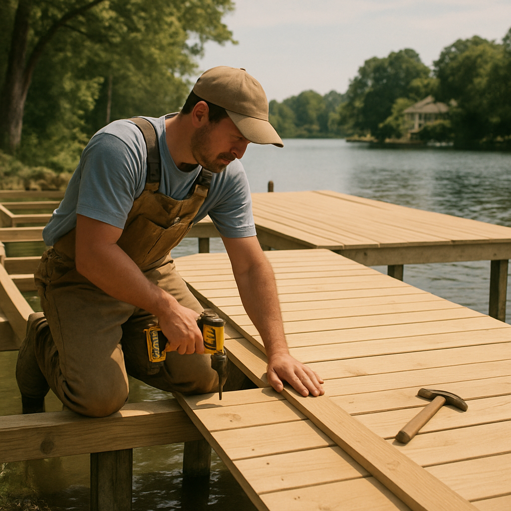 A professional dock builder working on a waterfront property