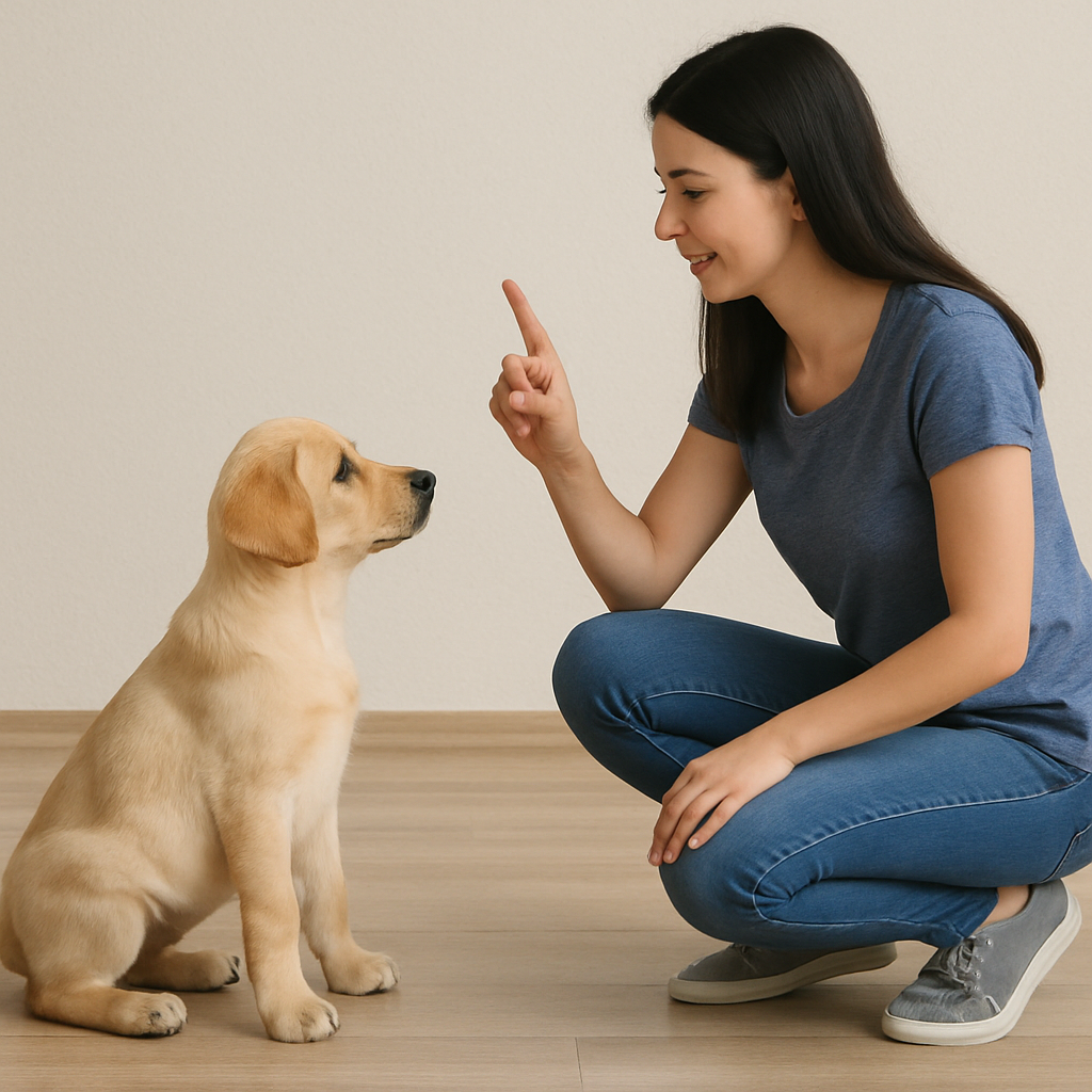 Puppy learning commands with a trainer