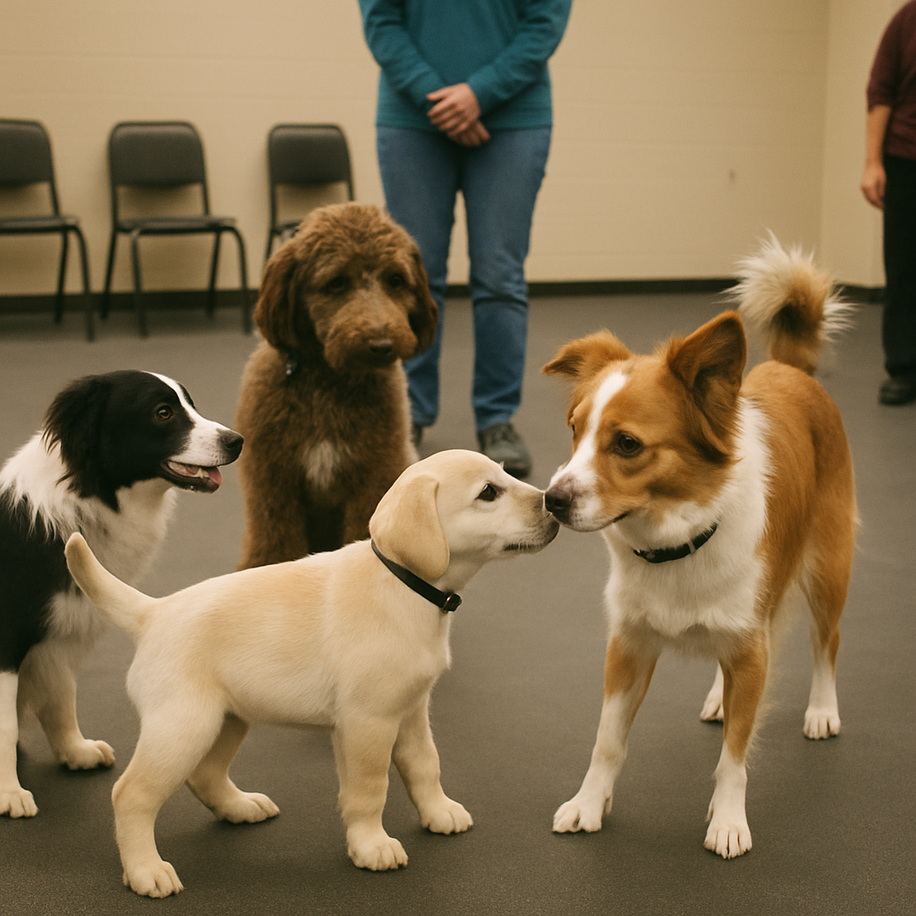 Puppy interacting with other dogs in a training class