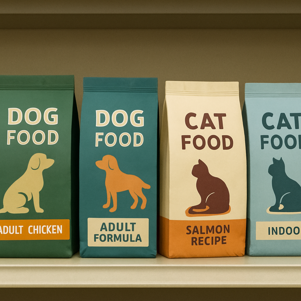 Pet food packages lined on a shelf