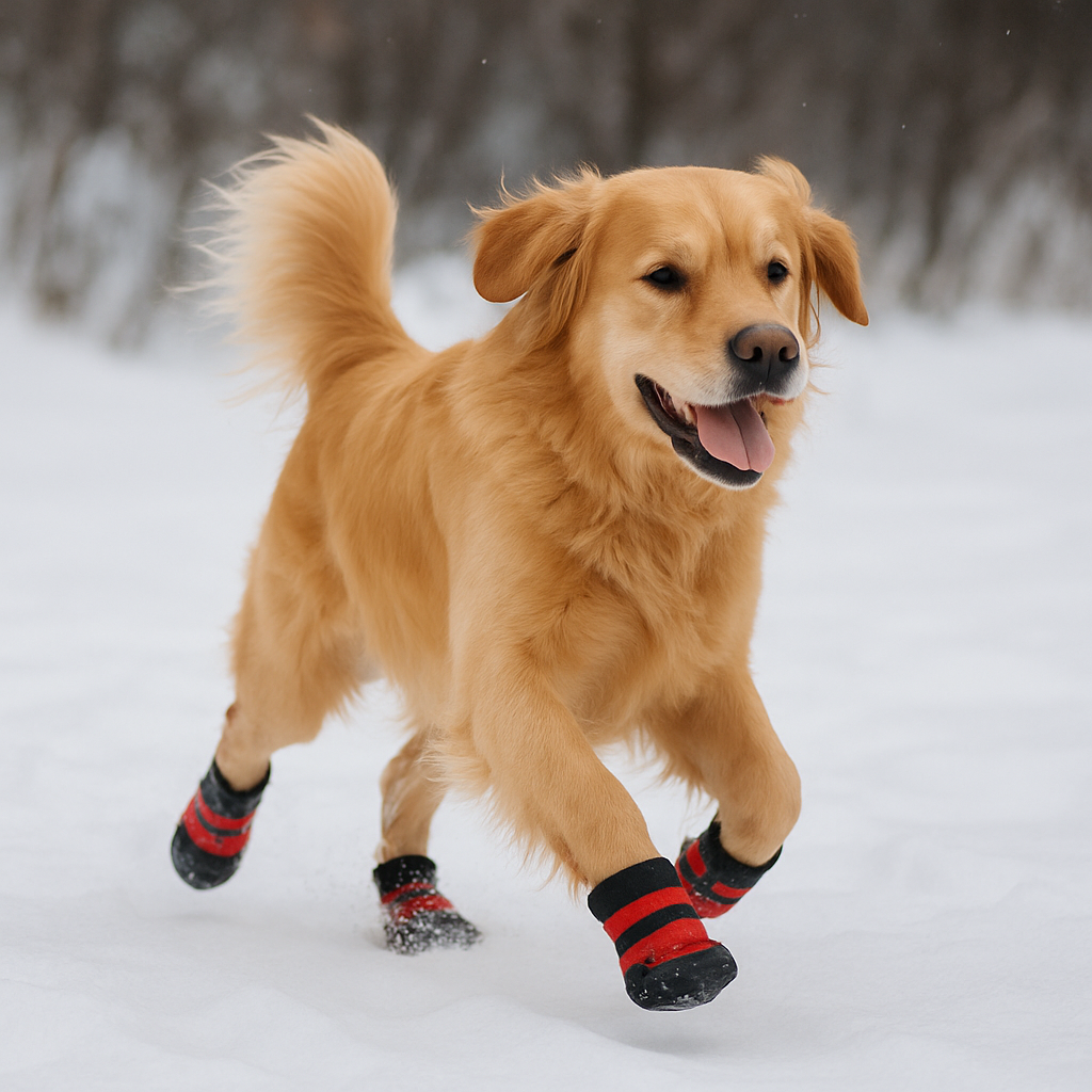 Dog running in snow with boots