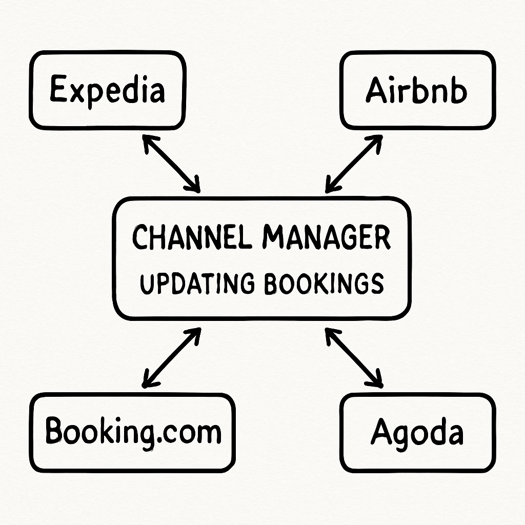 Diagram of a channel manager updating bookings across multiple platforms