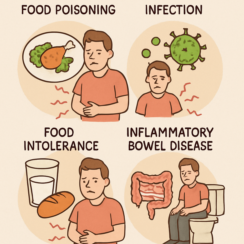 Illustration of various causes of stomach pain and diarrhea