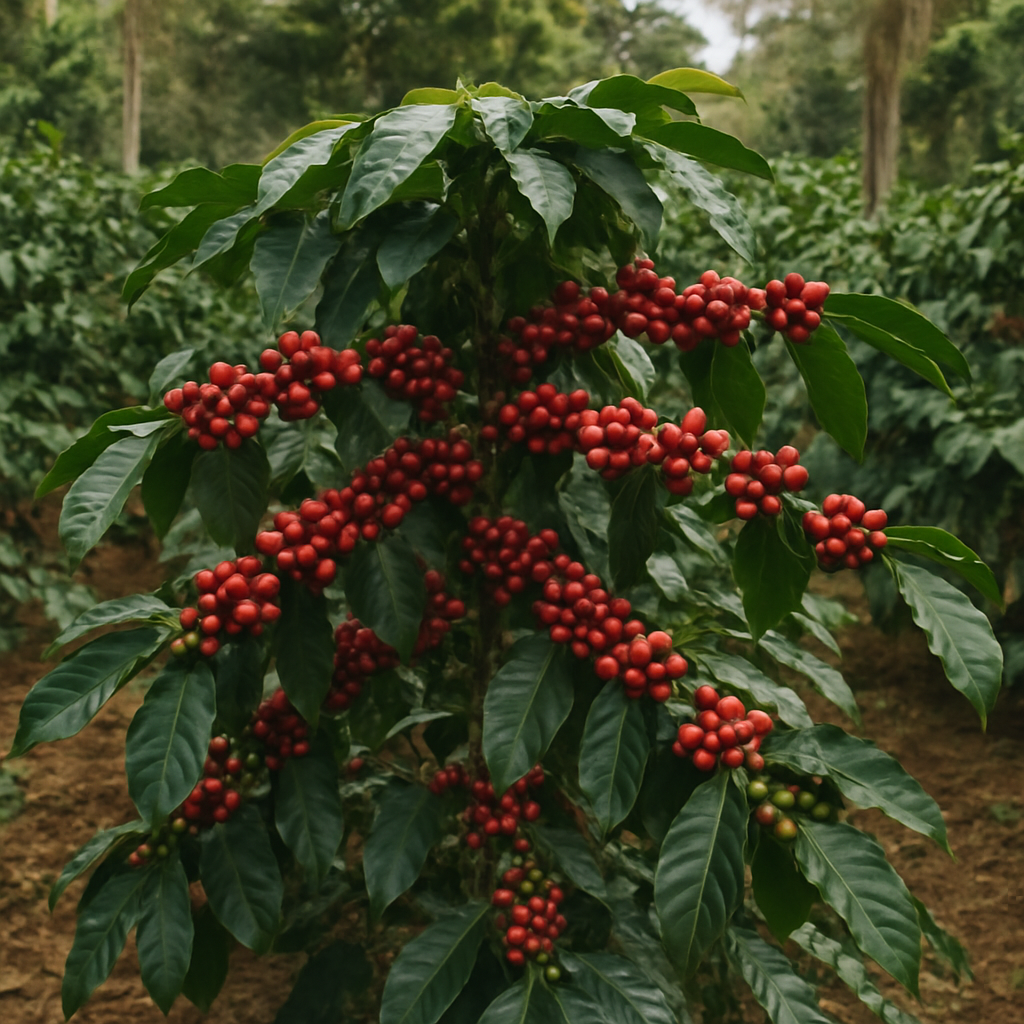 Coffee farm with ripe coffee cherries