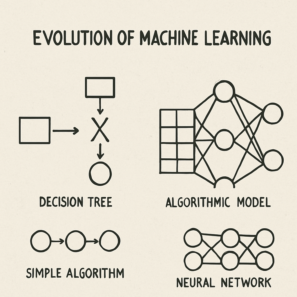 Illustration of the evolution of machine learning from simple algorithms to complex neural networks.