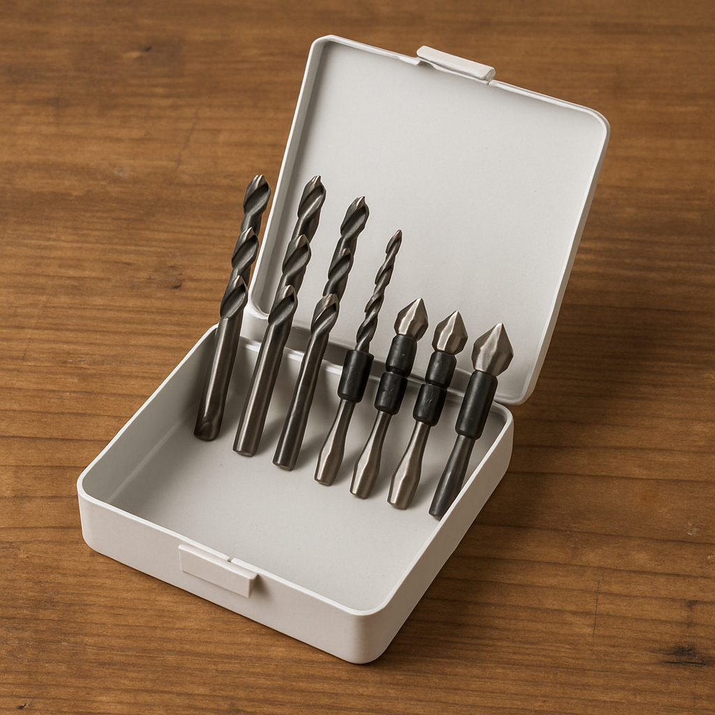 Drill bit and countersink set on a wooden table