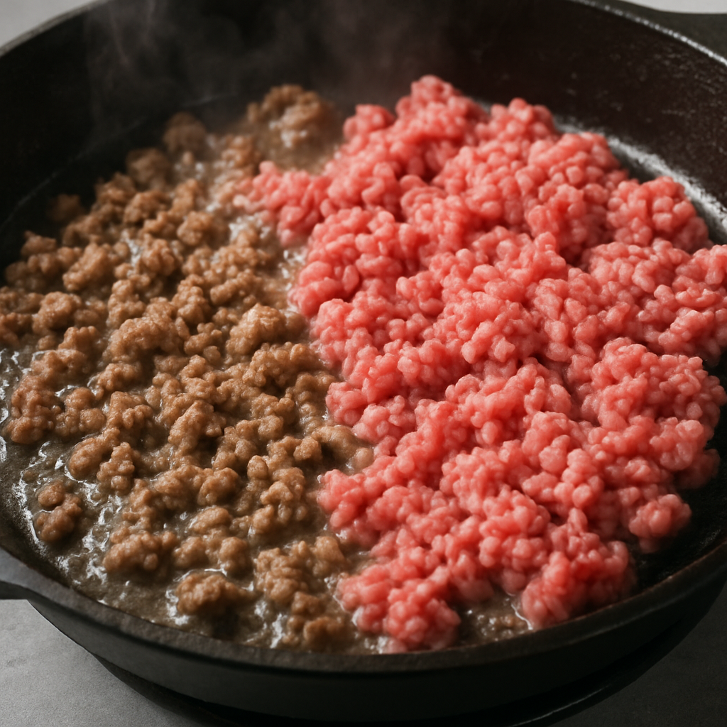 Ground beef being cooked on a hot skillet