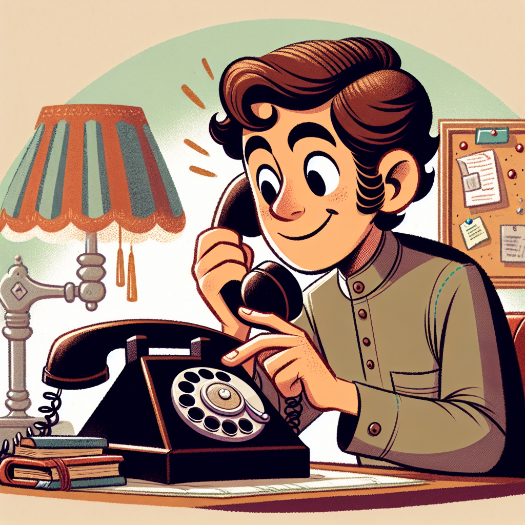 A cartoon image of a smiling boy using a rotary phone to send a prank