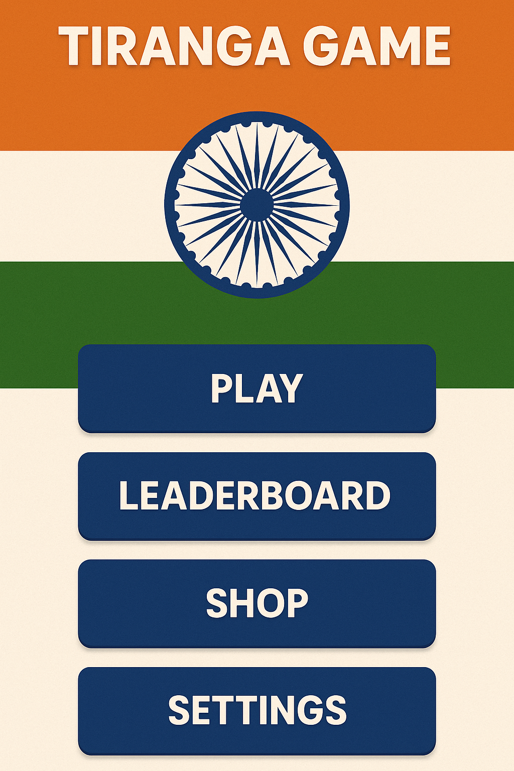 Screenshot of the Tiranga Game interface showing the main menu