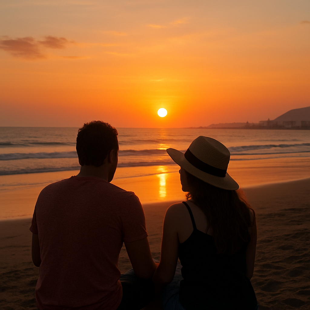 Pareja disfrutando del atardecer en la playa de Agadir