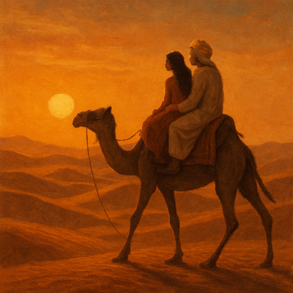 Pareja en camello en el desierto del Sahara al atardecer