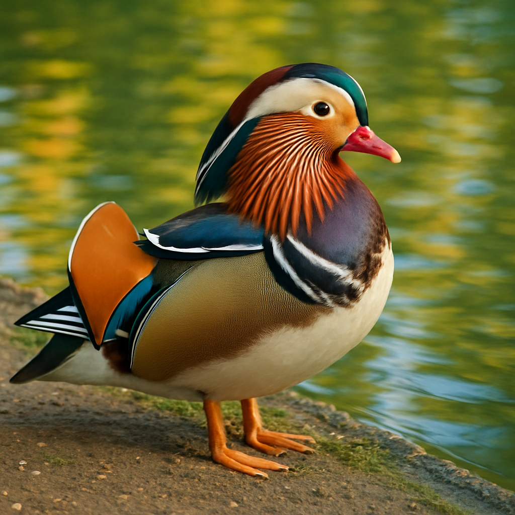 Colorful Mandarin Duck For Sale standing by a pond