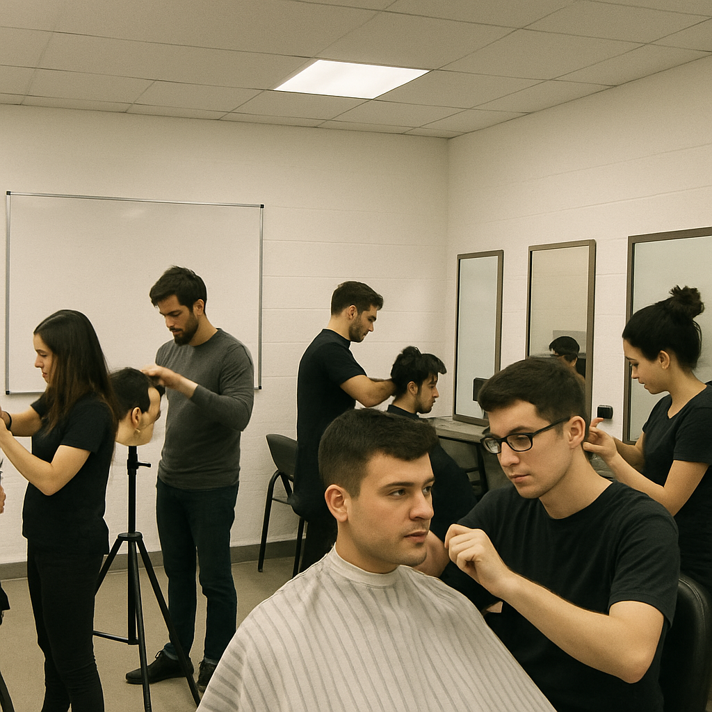 Barber school classroom with students practicing haircuts