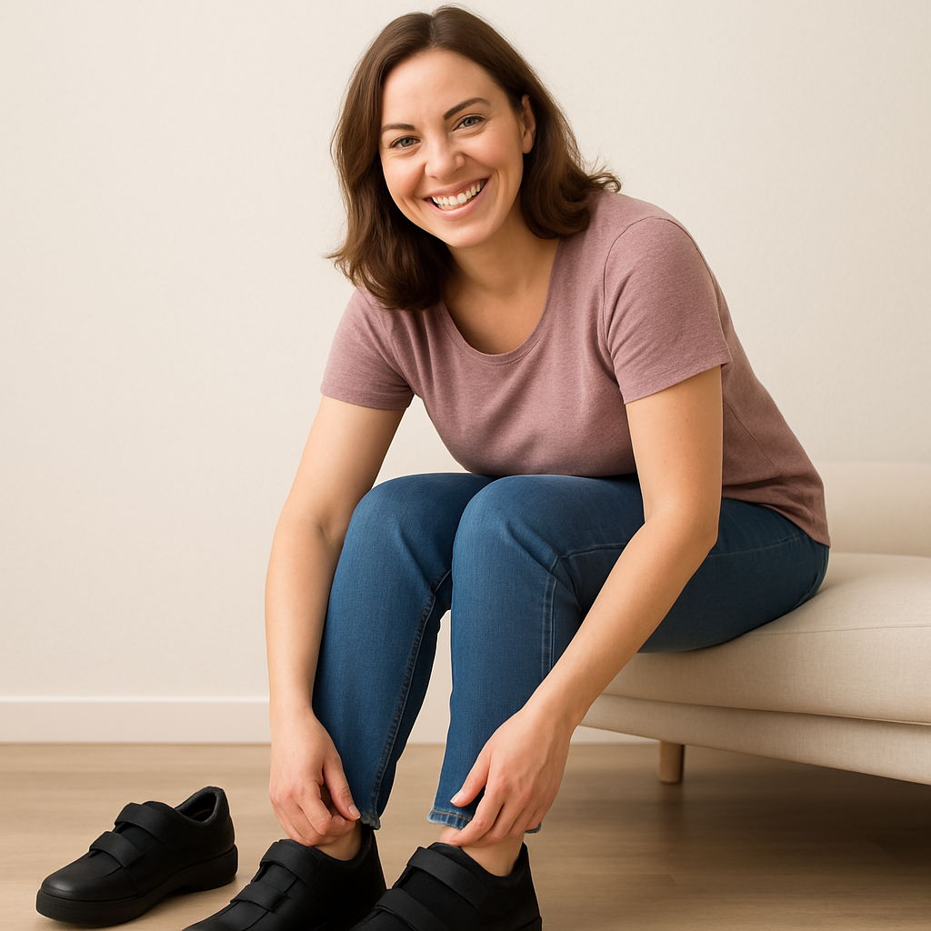 woman smiling while trying on orthopedic shoes