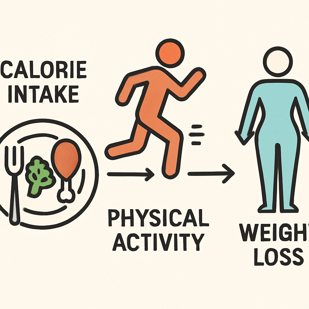 Illustration depicting the relationship between calorie intake, physical activity, and weight loss.