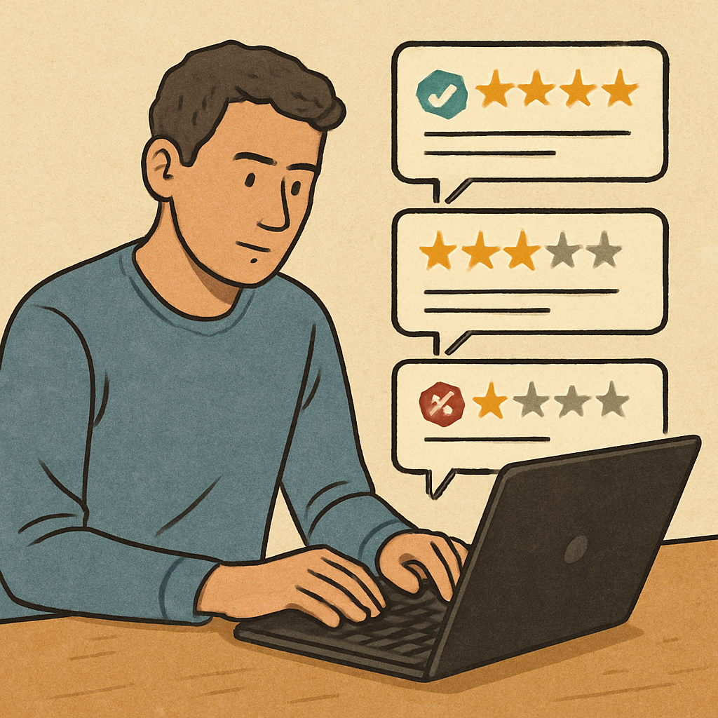 Person reading online reviews on a laptop