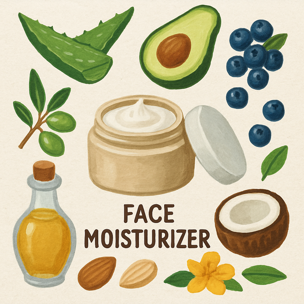 Illustration of various natural ingredients used in face moisturizers