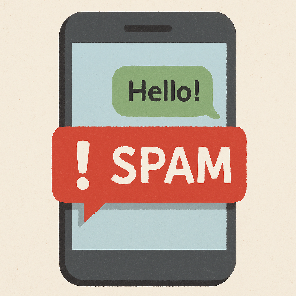 Illustration of a spam text message alert on a smartphone