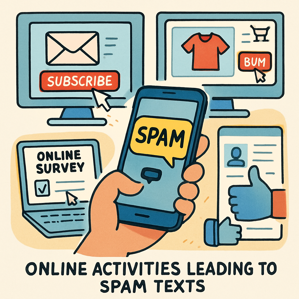 Illustration depicting various online activities leading to spam texts