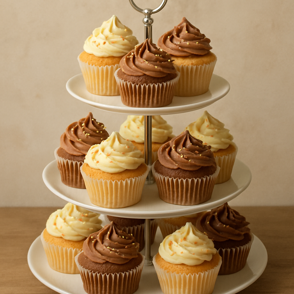 Three tier dessert stand filled with cupcakes