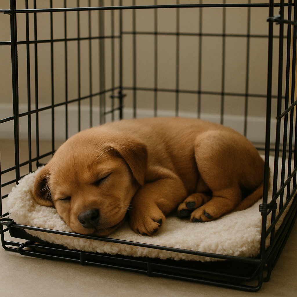 puppy sleeping in a crate