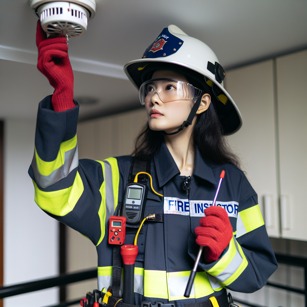 Fire inspector checking smoke detectors during an inspection