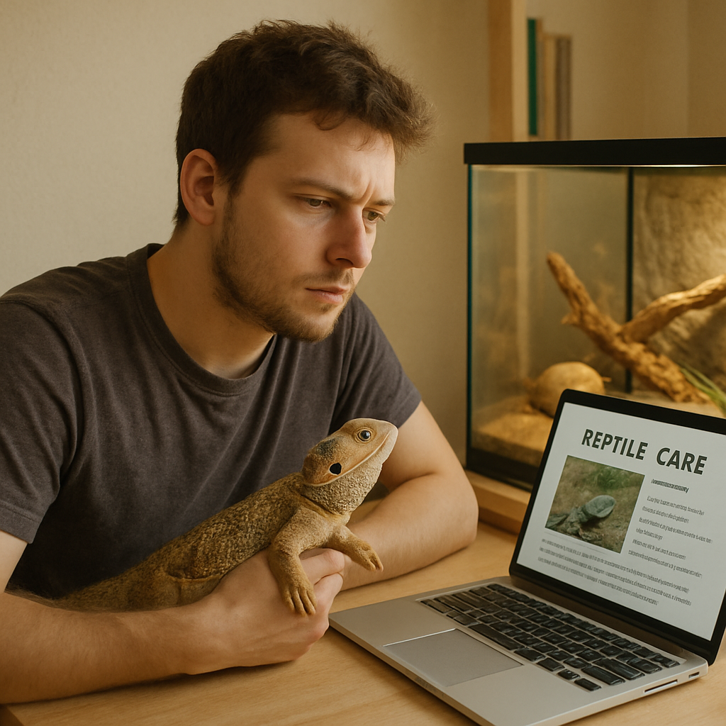 A reptile owner researching care information online