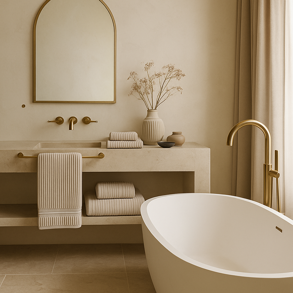 Elegant bathroom featuring ribbed towels and decor
