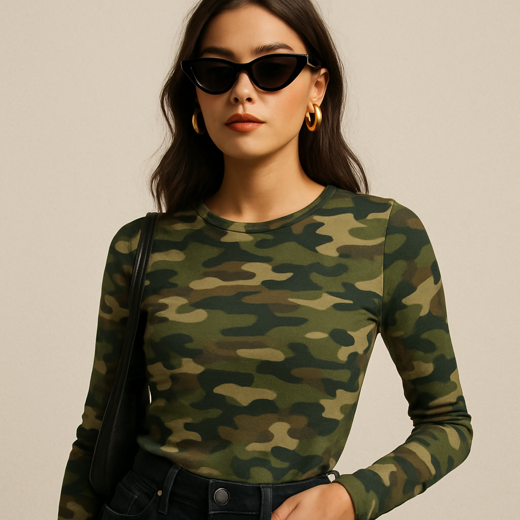 Fashionable woman wearing a camo top
