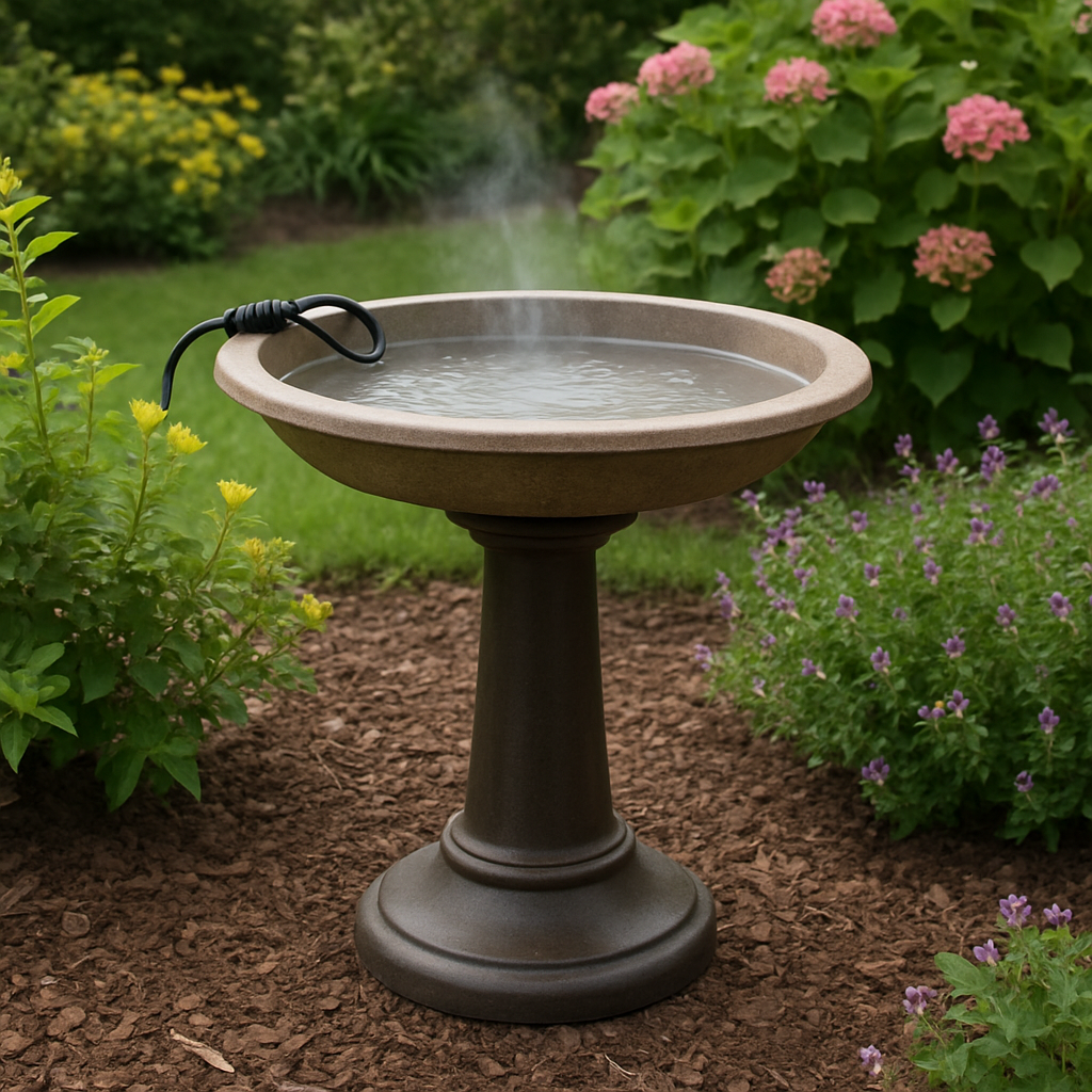 heated bird bath in garden