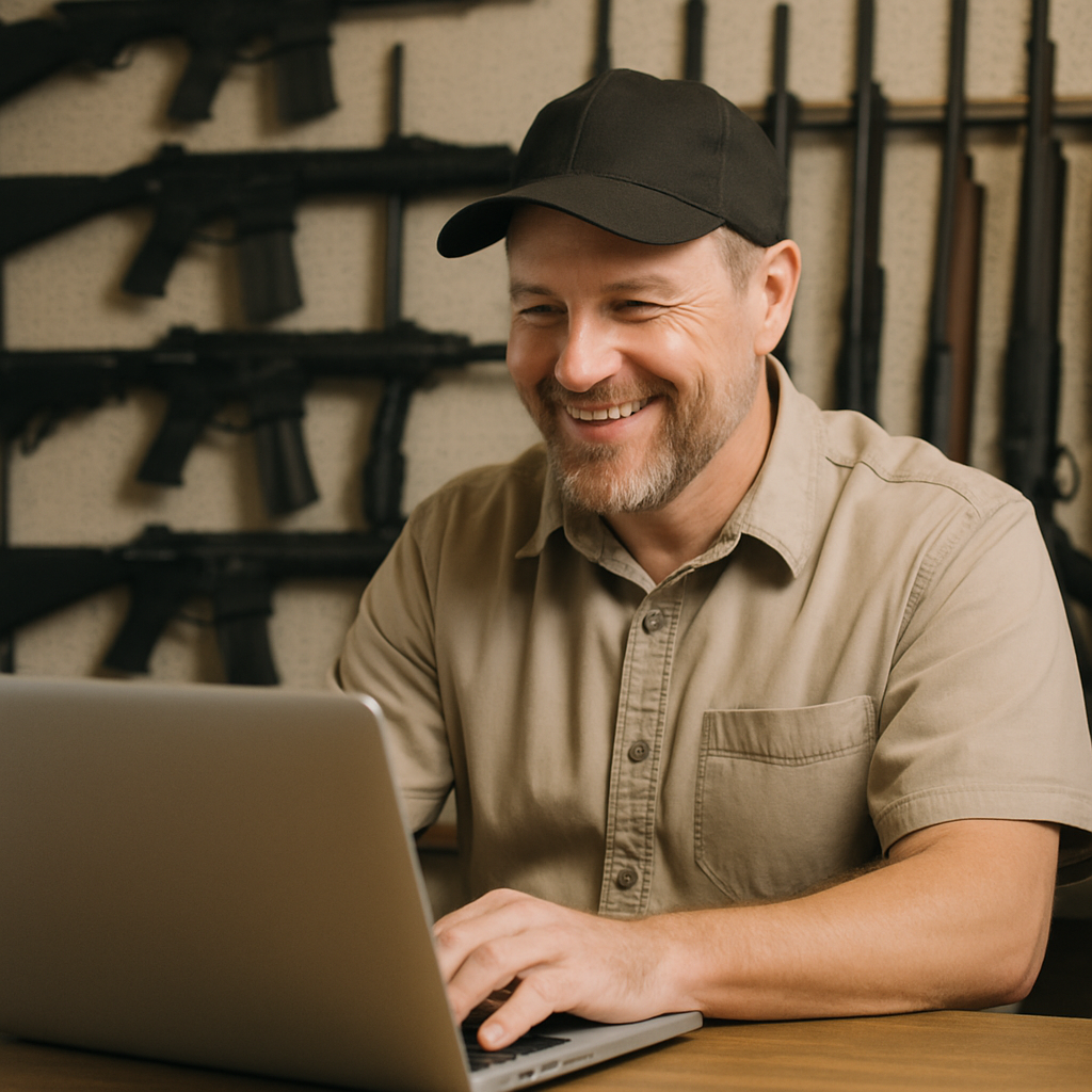 Gun store owner smiling while using a laptop