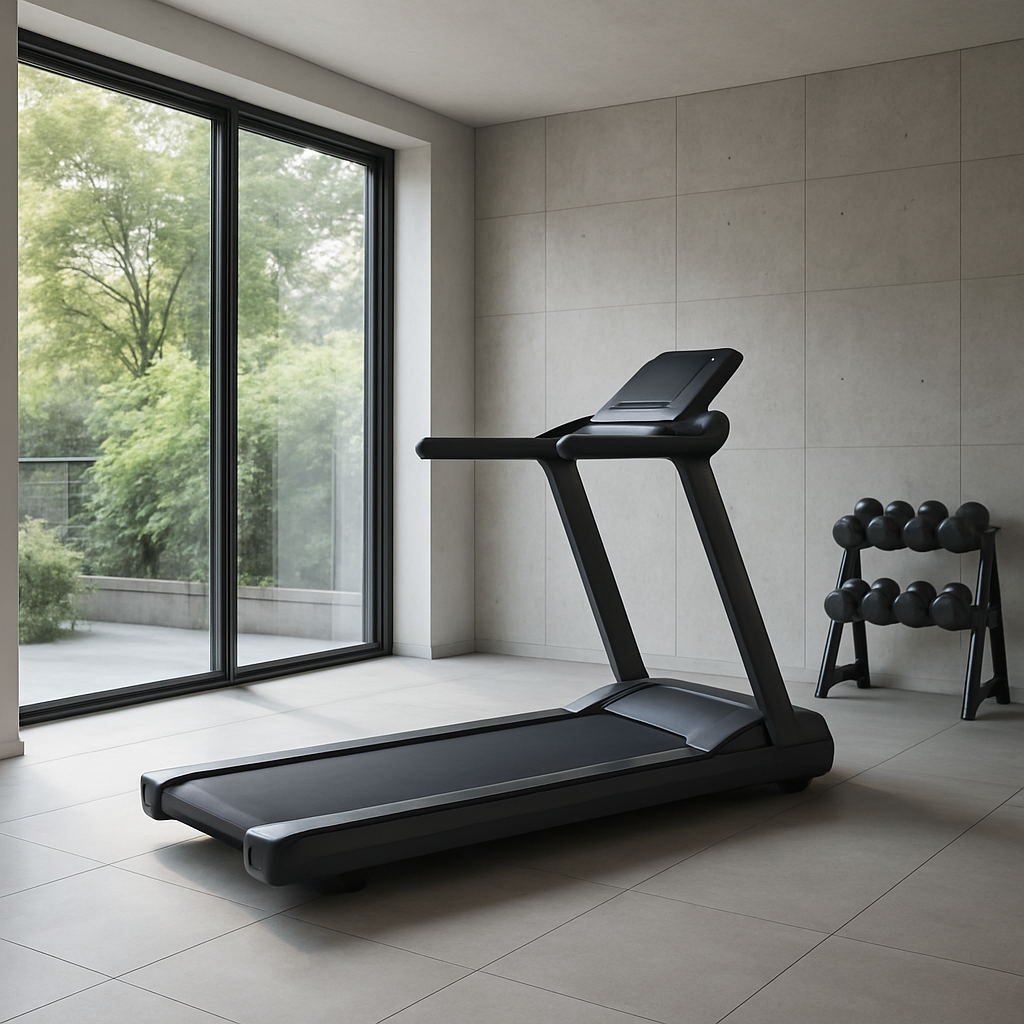 A sleek treadmill in a modern home gym