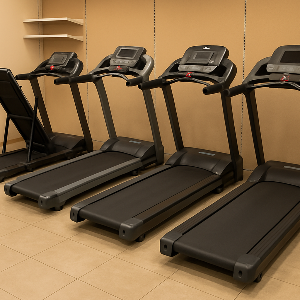 Different types of treadmills displayed in a store