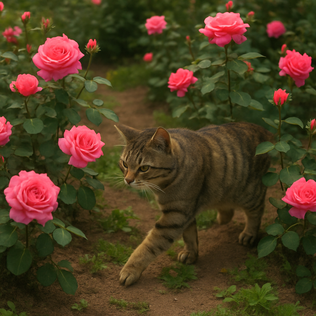 A cat carefully stepping around rose bushes in a garden