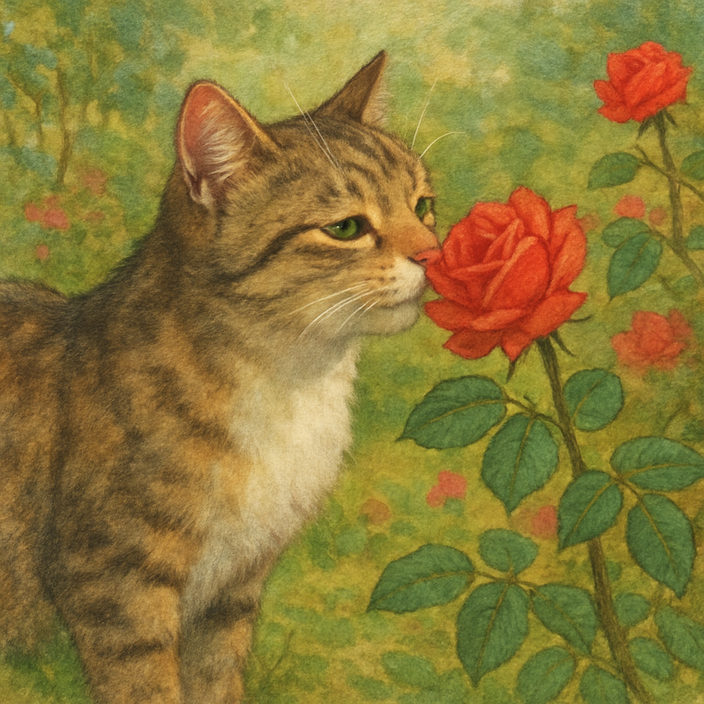 A curious cat sniffing a rose in a garden