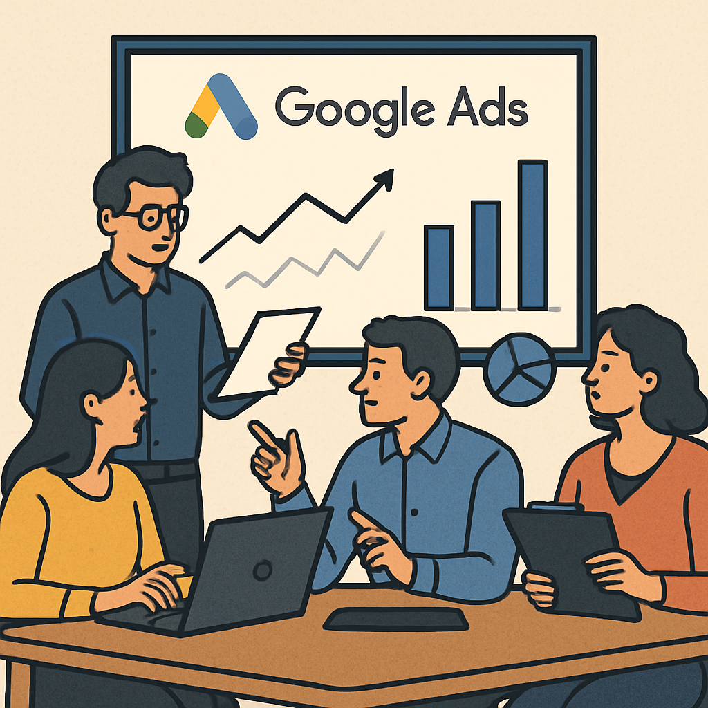 A digital marketing team analyzing Google Ads data