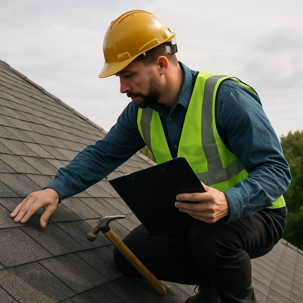 A roofer inspecting a roof with tools in hand