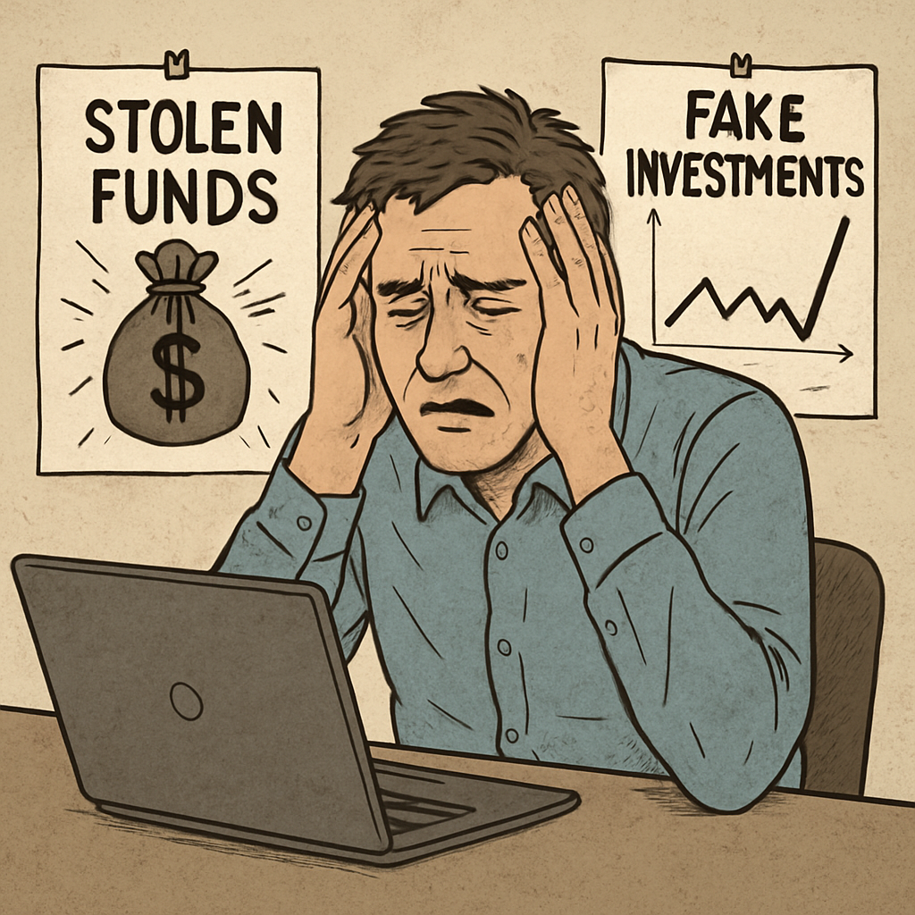 Person distraught over stolen funds and fake investments