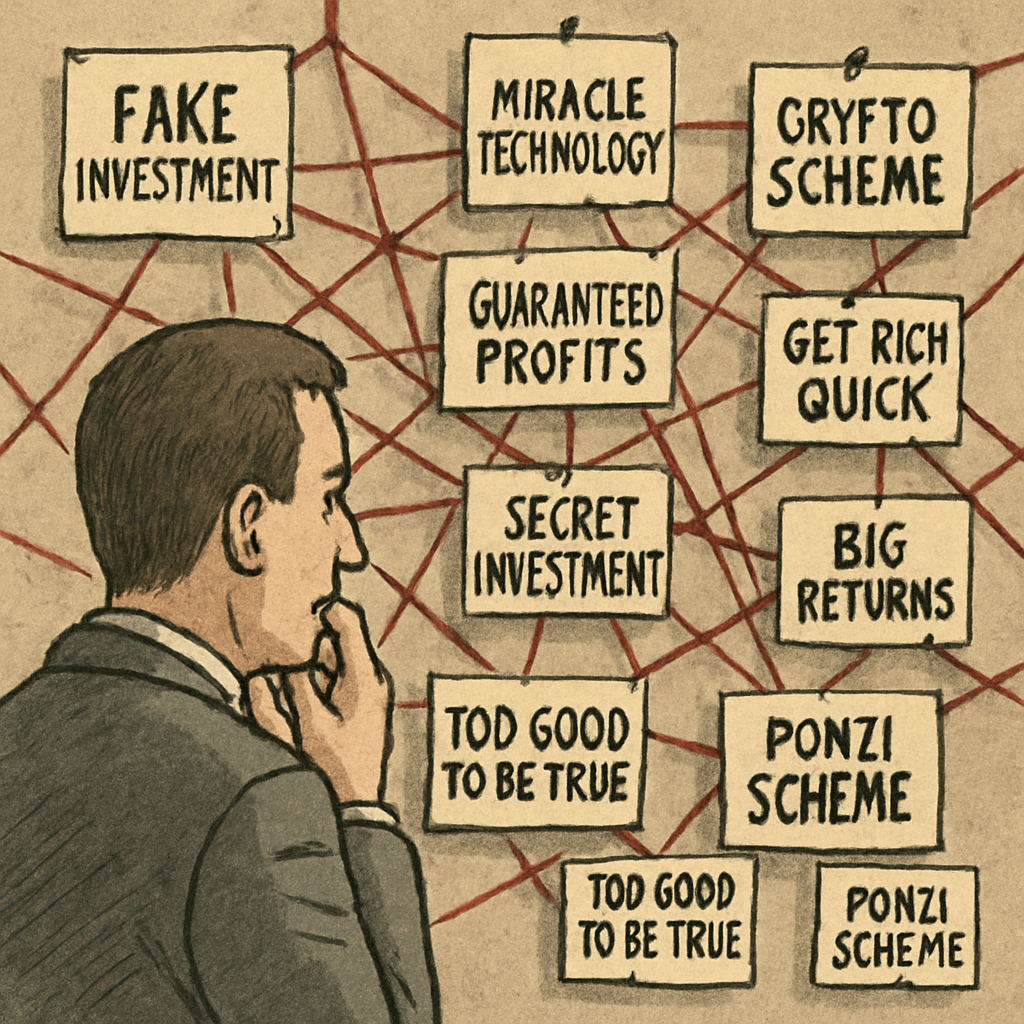 Investor looking at a complex web of fake investment opportunities