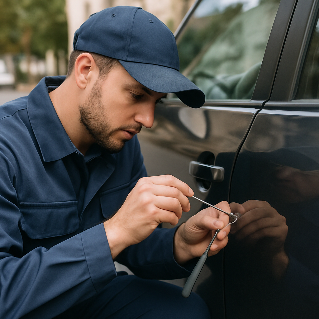 Professional locksmith unlocking a car