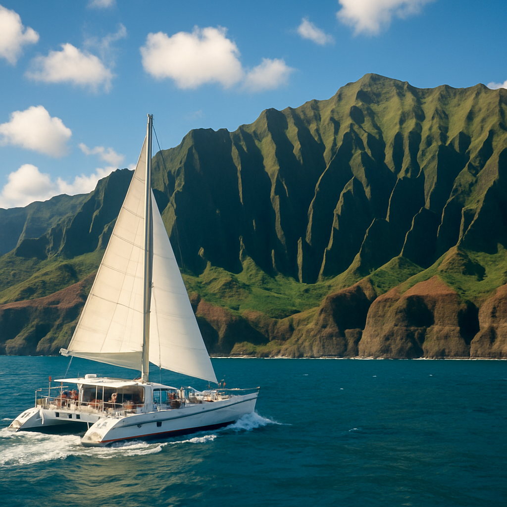 A catamaran sailing along the Na Pali Coast in Kauai