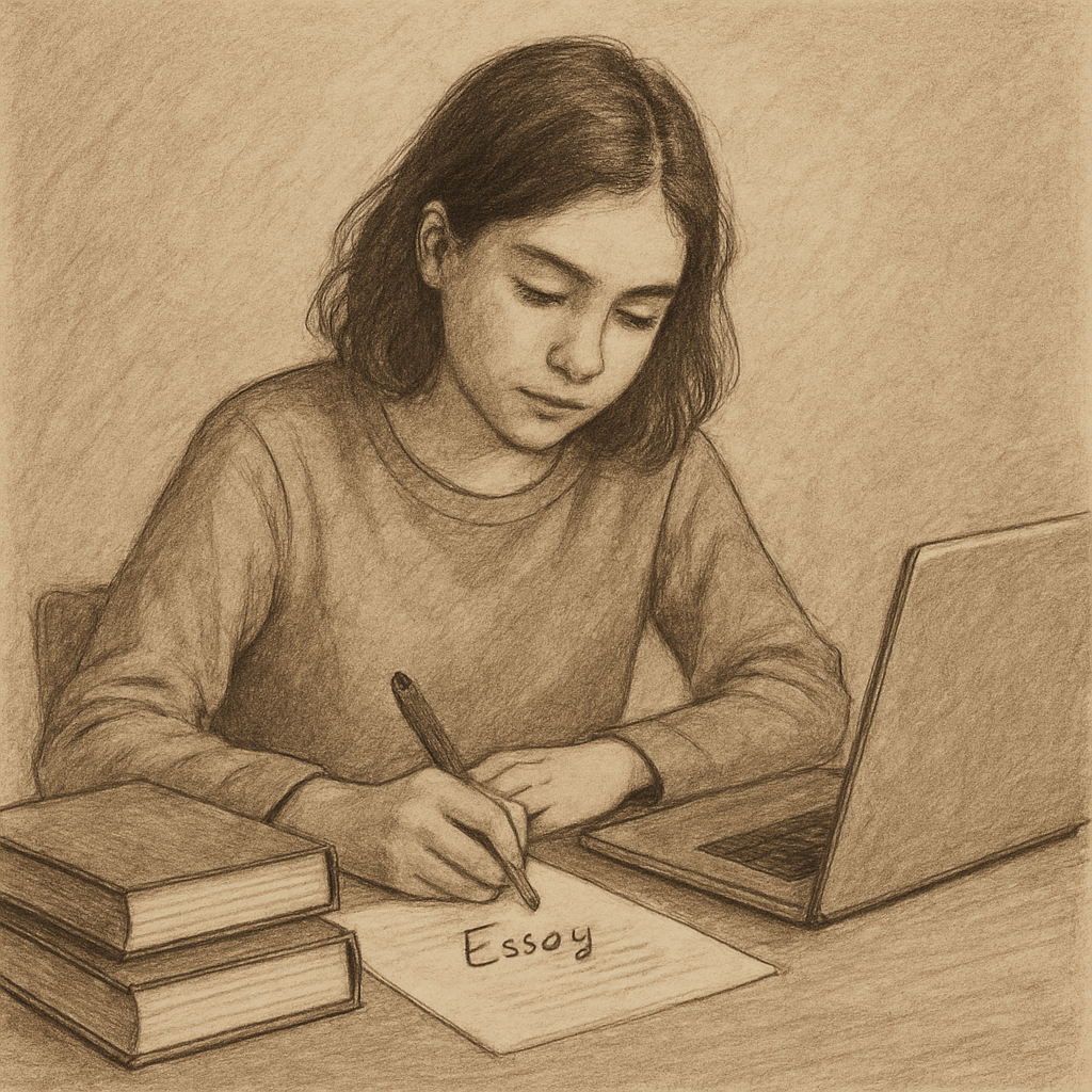 A student writing an essay with books and a laptop
