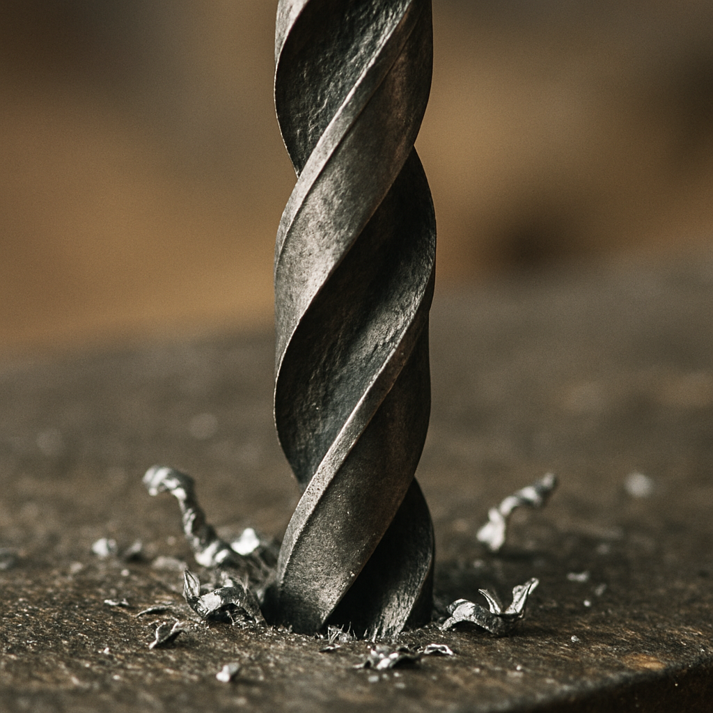 Close-up of twist drill bit in action